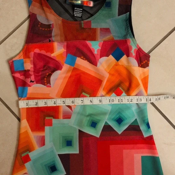 Desigual Shift Dress Geometric Pixel Knit Sheer Mesh Sleeveless Knee Length Blue - Picture 8 of 10